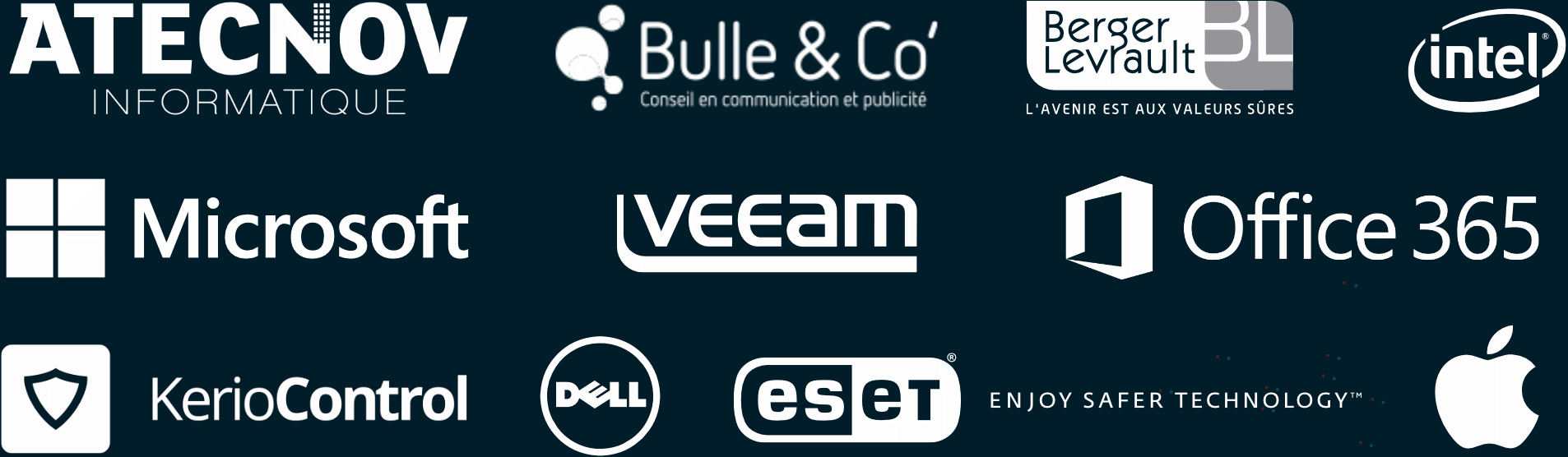 Atecnov Informatique, Bulle & Co', Berger Levrault, Intel, Microsoft, Weeam, Office 365, Kerio Control, Dell, ESET, Apple